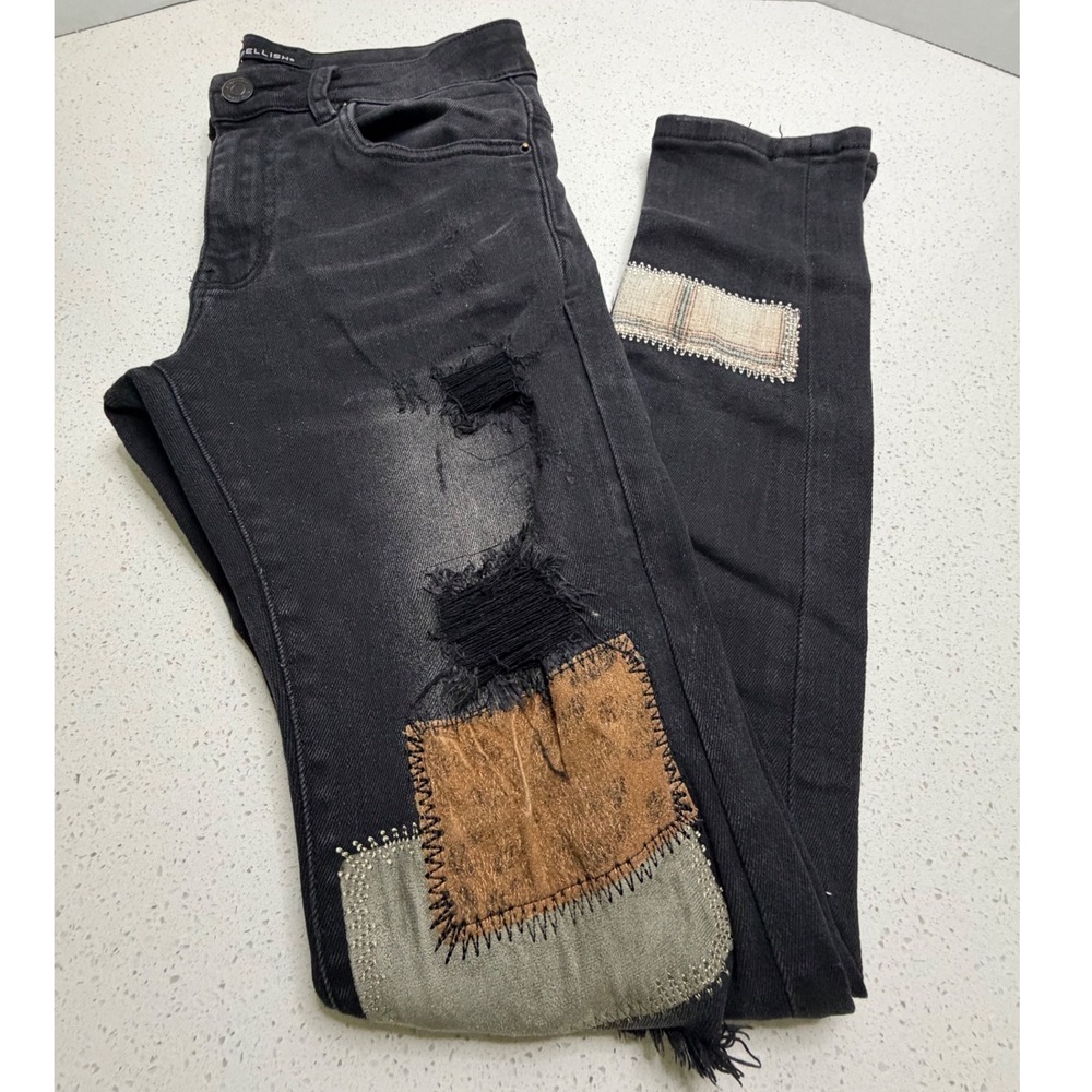 Embellish NYC Mens Distressed Patchwork Skinny Jeans Black Plaid Size 30